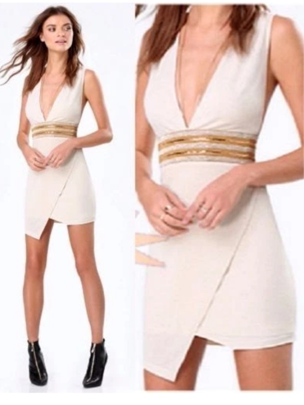 New bebe ivory embellished Jewel Waist asym Plunge deep v top dress XS 0 sexy